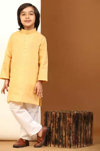 Beige Cotton Plain Kurta Pajama Set for Boys Kids Traditional Wear with Embellished Design