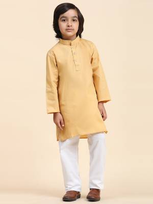 Beige Cotton Plain Kurta Pajama Set for Boys Kids Traditional Wear with Embellished Design 3