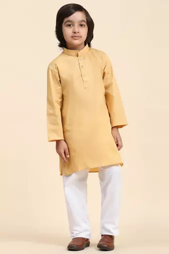 Beige Cotton Plain Kurta Pajama Set for Boys Kids Traditional Wear with Embellished Design