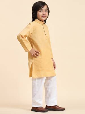 Beige Cotton Plain Kurta Pajama Set for Boys Kids Traditional Wear with Embellished Design 4