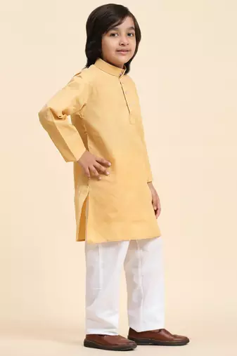 Beige Cotton Plain Kurta Pajama Set for Boys Kids Traditional Wear with Embellished Design