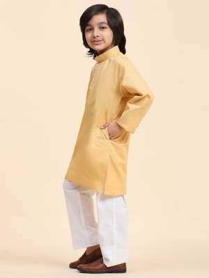 Beige Cotton Plain Kurta Pajama Set for Boys Kids Traditional Wear with Embellished Design 5