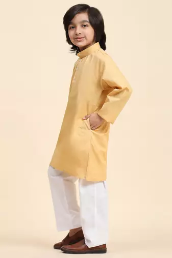Beige Cotton Plain Kurta Pajama Set for Boys Kids Traditional Wear with Embellished Design