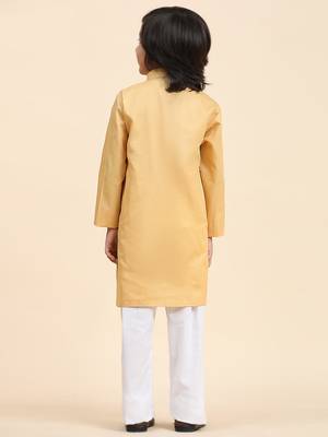 Beige Cotton Plain Kurta Pajama Set for Boys Kids Traditional Wear with Embellished Design 8