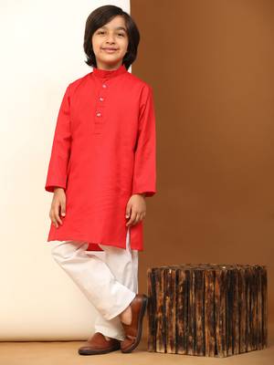 Maroon Cotton Plain Kurta Pajama Set for Boys Kids Traditional Wear with Embellished Design 1
