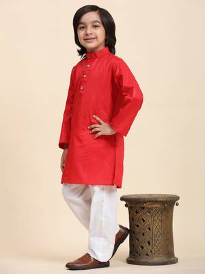 Maroon Cotton Plain Kurta Pajama Set for Boys Kids Traditional Wear with Embellished Design 2