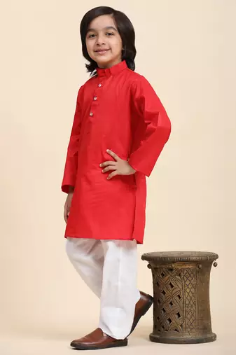 Maroon Cotton Plain Kurta Pajama Set for Boys Kids Traditional Wear with Embellished Design