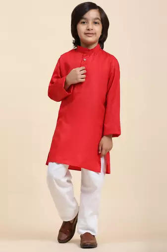 Maroon Cotton Plain Kurta Pajama Set for Boys Kids Traditional Wear with Embellished Design