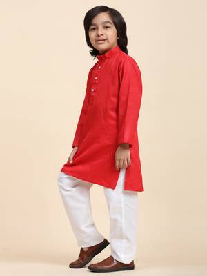 Maroon Cotton Plain Kurta Pajama Set for Boys Kids Traditional Wear with Embellished Design 4