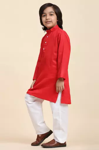 Maroon Cotton Plain Kurta Pajama Set for Boys Kids Traditional Wear with Embellished Design