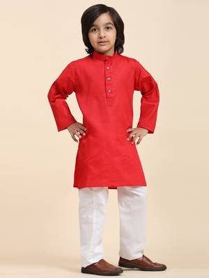 Maroon Cotton Plain Kurta Pajama Set for Boys Kids Traditional Wear with Embellished Design 5