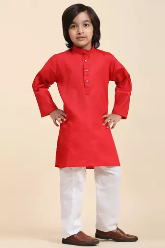 Maroon Cotton Plain Kurta Pajama Set for Boys Kids Traditional Wear with Embellished Design
