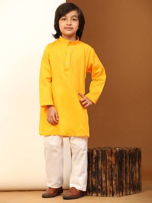 Yellow Cotton Plain Kurta Pajama Set for Boys Kids Traditional Wear with Embellished Design 1