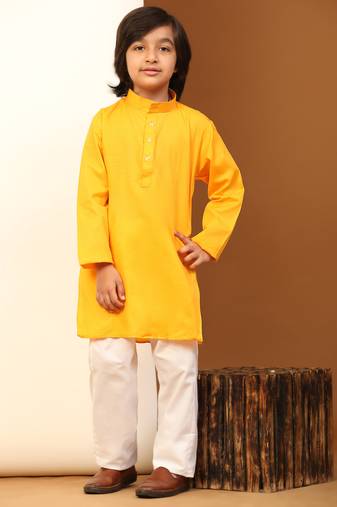 Yellow Cotton Plain Kurta Pajama Set for Boys Kids Traditional Wear with Embellished Design