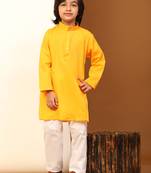Yellow Cotton Plain Kurta Pajama Set for Boys Kids Traditional Wear with Embellished Design