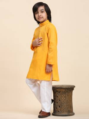Yellow Cotton Plain Kurta Pajama Set for Boys Kids Traditional Wear with Embellished Design 2