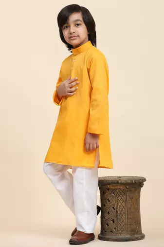 Yellow Cotton Plain Kurta Pajama Set for Boys Kids Traditional Wear with Embellished Design