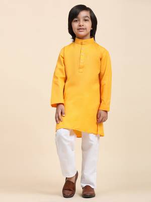 Yellow Cotton Plain Kurta Pajama Set for Boys Kids Traditional Wear with Embellished Design 3