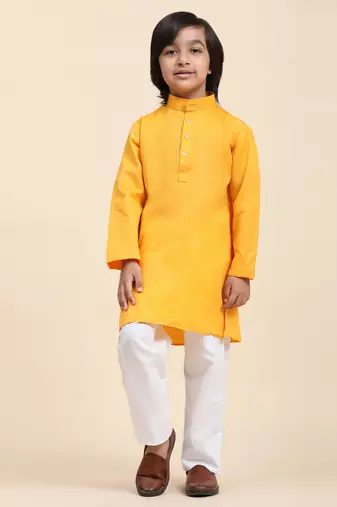 Yellow Cotton Plain Kurta Pajama Set for Boys Kids Traditional Wear with Embellished Design