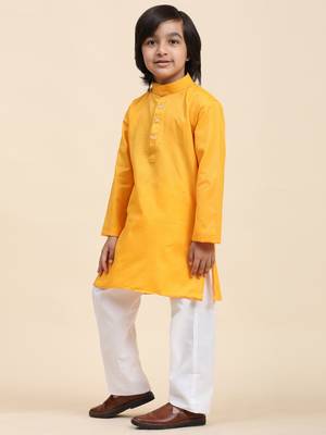 Yellow Cotton Plain Kurta Pajama Set for Boys Kids Traditional Wear with Embellished Design 4