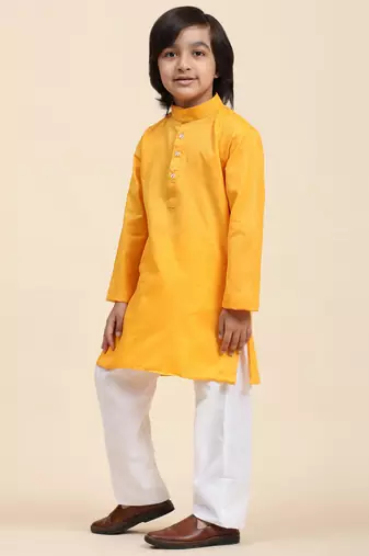 Yellow Cotton Plain Kurta Pajama Set for Boys Kids Traditional Wear with Embellished Design