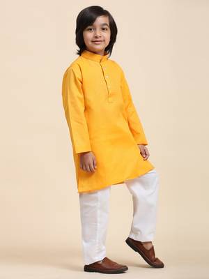 Yellow Cotton Plain Kurta Pajama Set for Boys Kids Traditional Wear with Embellished Design 5