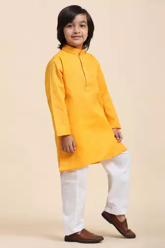 Yellow Cotton Plain Kurta Pajama Set for Boys Kids Traditional Wear with Embellished Design