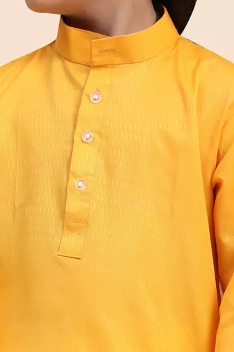 Yellow Cotton Plain Kurta Pajama Set for Boys Kids Traditional Wear with Embellished Design