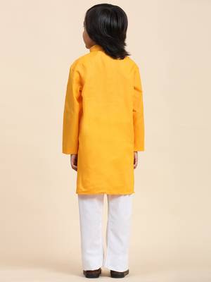 Yellow Cotton Plain Kurta Pajama Set for Boys Kids Traditional Wear with Embellished Design 9