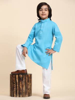 Firozi Cotton Plain Kurta Pajama Set for Boys Kids Traditional Wear with Embellished Design 1