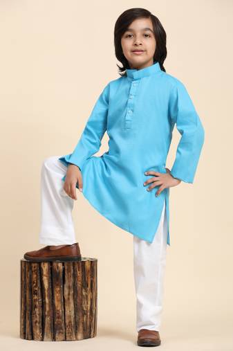 Firozi Cotton Plain Kurta Pajama Set for Boys Kids Traditional Wear with Embellished Design