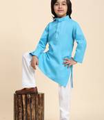Firozi Cotton Plain Kurta Pajama Set for Boys Kids Traditional Wear with Embellished Design