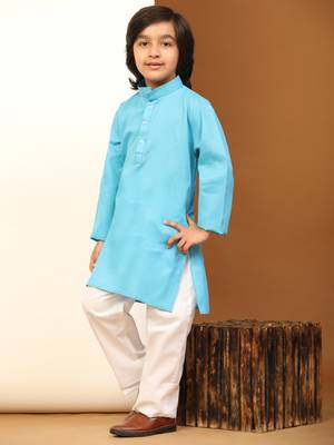 Firozi Cotton Plain Kurta Pajama Set for Boys Kids Traditional Wear with Embellished Design 2