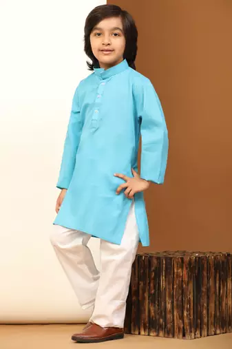 Firozi Cotton Plain Kurta Pajama Set for Boys Kids Traditional Wear with Embellished Design