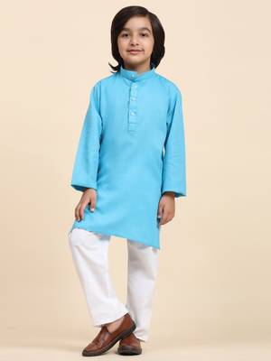 Firozi Cotton Plain Kurta Pajama Set for Boys Kids Traditional Wear with Embellished Design 3
