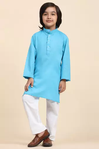 Firozi Cotton Plain Kurta Pajama Set for Boys Kids Traditional Wear with Embellished Design