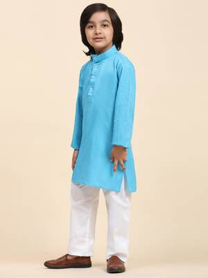Firozi Cotton Plain Kurta Pajama Set for Boys Kids Traditional Wear with Embellished Design 4