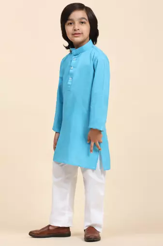 Firozi Cotton Plain Kurta Pajama Set for Boys Kids Traditional Wear with Embellished Design