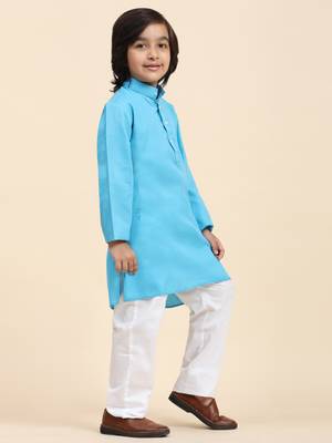 Firozi Cotton Plain Kurta Pajama Set for Boys Kids Traditional Wear with Embellished Design 5