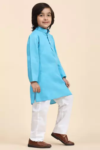 Firozi Cotton Plain Kurta Pajama Set for Boys Kids Traditional Wear with Embellished Design