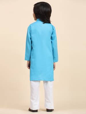 Firozi Cotton Plain Kurta Pajama Set for Boys Kids Traditional Wear with Embellished Design 7