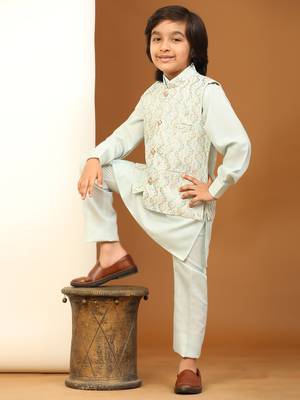 Light Blue Mirror work Cotton Kurta Pajama with Waistcoat set for Boys Ethnic Wear 1