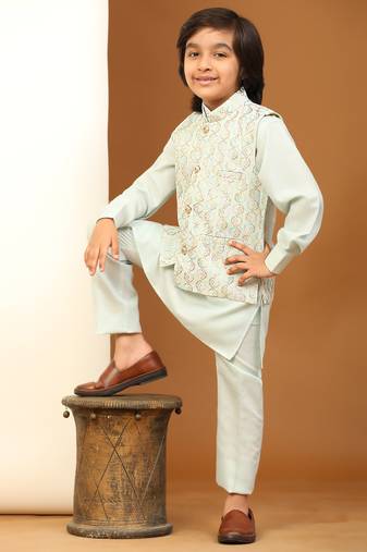 Light Blue Mirror work Cotton Kurta Pajama with Waistcoat set for Boys Ethnic Wear