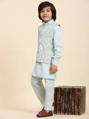 Light Blue Mirror work Cotton Kurta Pajama with Waistcoat set for Boys Ethnic Wear 2