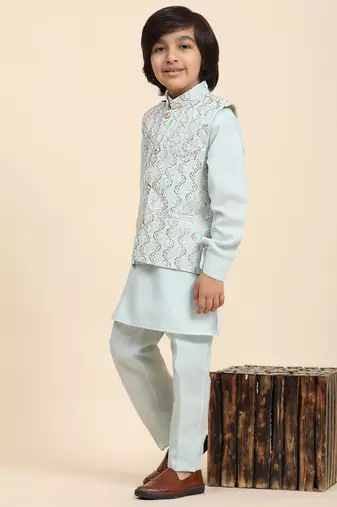 Light Blue Mirror work Cotton Kurta Pajama with Waistcoat set for Boys Ethnic Wear