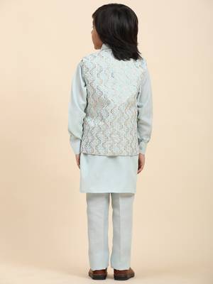 Light Blue Mirror work Cotton Kurta Pajama with Waistcoat set for Boys Ethnic Wear 3