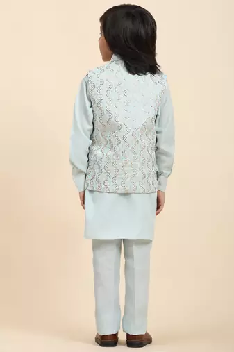 Light Blue Mirror work Cotton Kurta Pajama with Waistcoat set for Boys Ethnic Wear