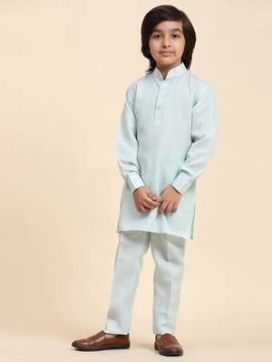 Light Blue Mirror work Cotton Kurta Pajama with Waistcoat set for Boys Ethnic Wear 4