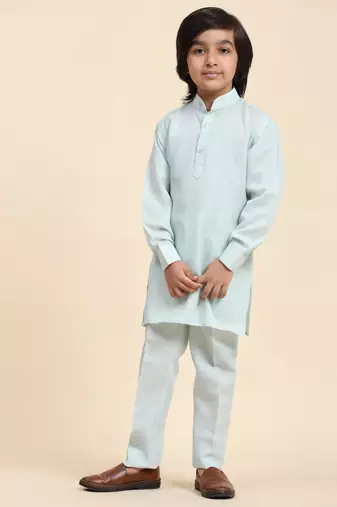Light Blue Mirror work Cotton Kurta Pajama with Waistcoat set for Boys Ethnic Wear