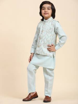 Light Blue Mirror work Cotton Kurta Pajama with Waistcoat set for Boys Ethnic Wear 5